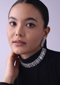 Silver Finish Choker Set In Mix Metal Studed With Faux Diamonds
