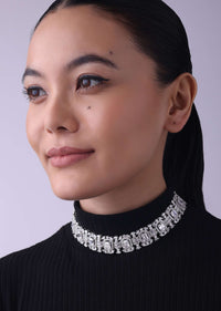 Silver Finish Choker Set In Mix Metal Studed With Faux Diamonds