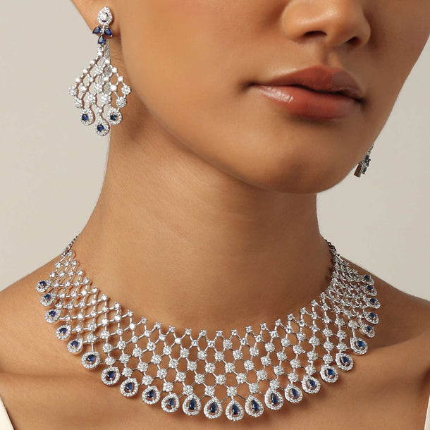 Silver Finish Choker Set With Sapphire Stones And White Zirconia