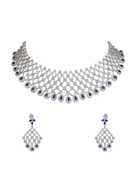 Silver Finish Choker Set With Sapphire Stones And White Zirconia