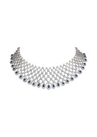 Silver Finish Choker Set With Sapphire Stones And White Zirconia