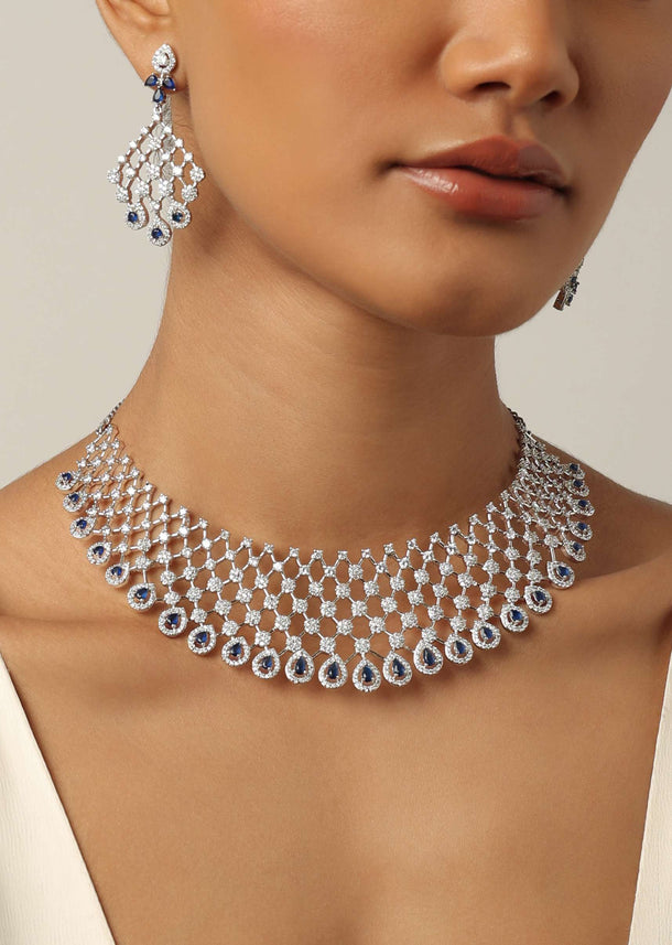 Silver Finish Choker Set With Sapphire Stones And White Zirconia