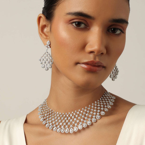 Silver Finish Choker With White Zirconia And Geometric Danglers