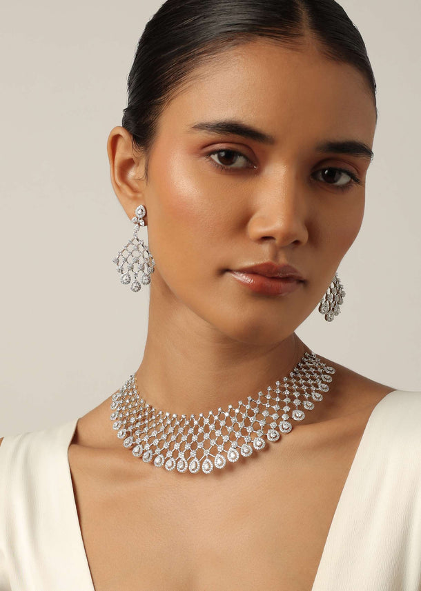 Silver Finish Choker With White Zirconia And Geometric Danglers