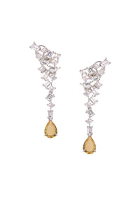 Silver Finish Danglers With Champagne Yellow Rhinestone Drops