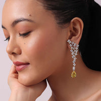 Silver Finish Danglers With Champagne Yellow Rhinestone Drops