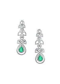 Silver Finish Danglers In Mix Metal Studded With Emerald Drops