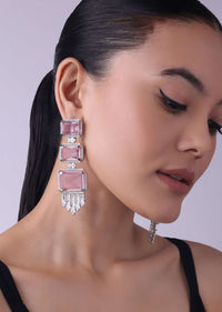 Silver Finish Danglers Studded With Pink Faux Stones