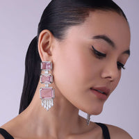 Silver Finish Danglers Studded With Pink Faux Stones