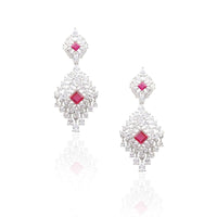 Silver Finish Earrings With White Diamonds And Red Zircon Stones In Cut Out Design By Aster