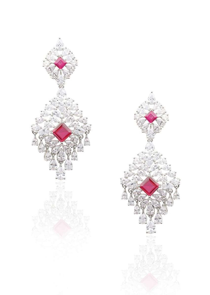 Silver Finish Earrings With White Diamonds And Red Zircon Stones In Cut Out Design By Aster