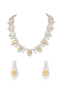 Silver Finish Elizabethian Necklace Set with Champagne Oval Stone and Faux diamonds