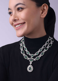 Silver Finish Long Necklace Studded With Faux Diamonds And Emerald Stones