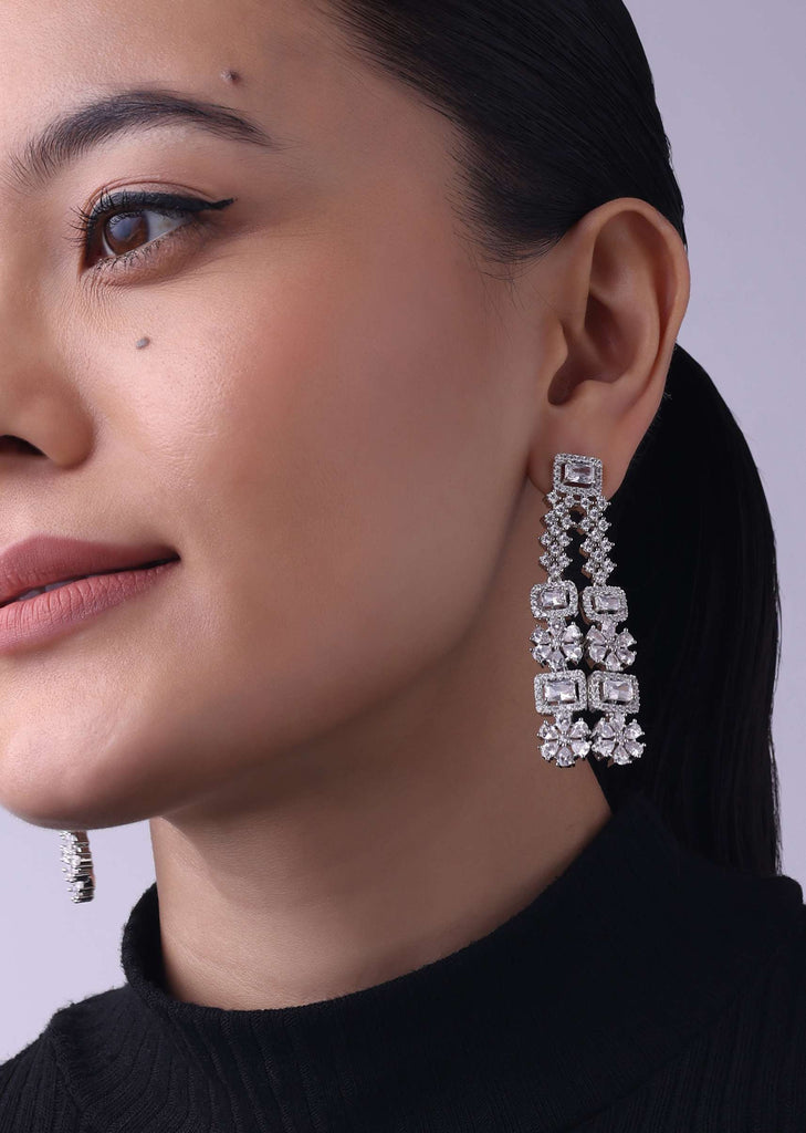 Silver Finish Long Necklace Set Studded With Faux Diamonds