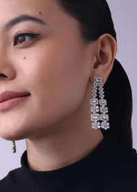 Silver Finish Long Necklace Set Studded With Faux Diamonds