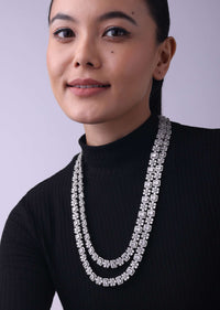 Silver Finish Long Necklace Set Studded With Faux Diamonds