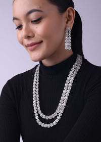 Silver Finish Long Necklace Set Studded With Faux Diamonds