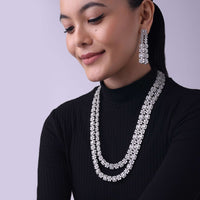 Silver Finish Long Necklace Set Studded With Faux Diamonds