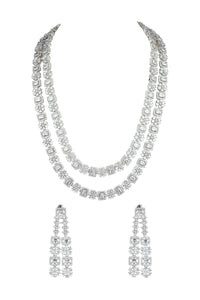 Silver Finish Long Necklace Set Studded With Faux Diamonds
