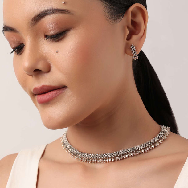 Silver Finish Necklace Set With Zircon Stones