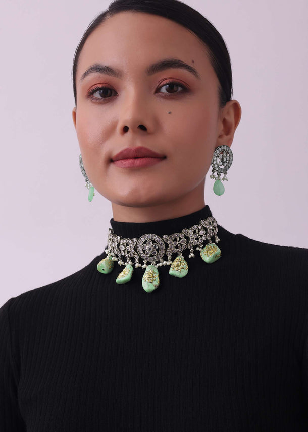 Silver Finish Oxidised Choker And Earring Set With Engraved Stones