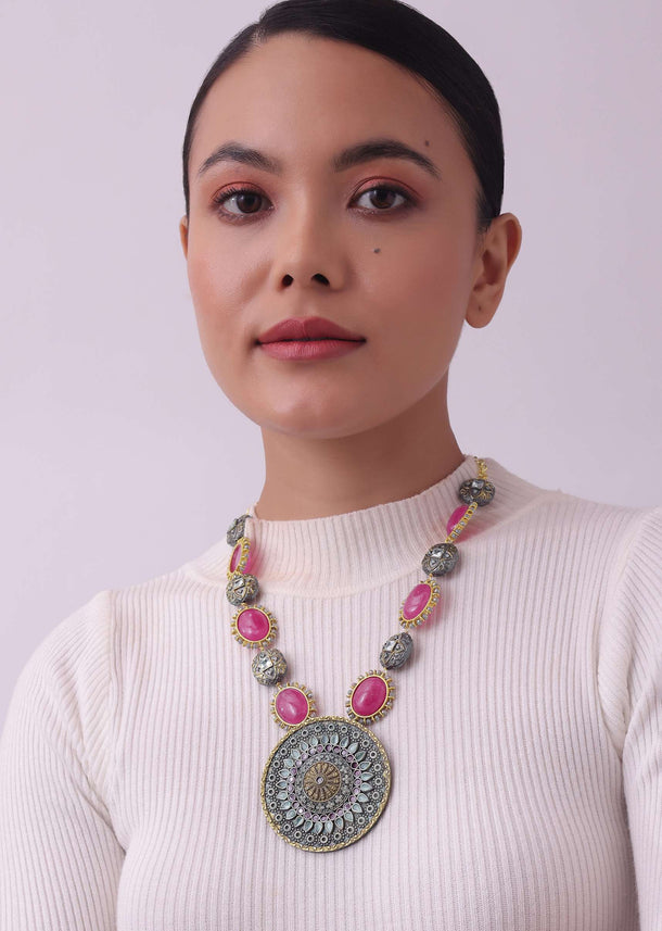 Silver Finish Oxidised Necklace With Pink Stones