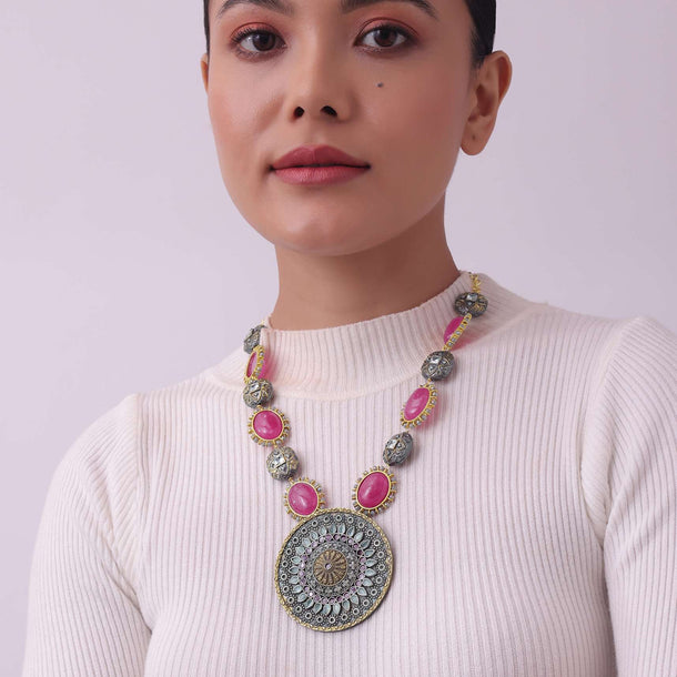 Silver Finish Oxidised Necklace With Pink Stones