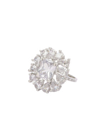 Silver Finish Ring With Emerald Cut Stones In Floral Motif
