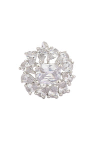 Silver Finish Ring With Emerald Cut Stones In Floral Motif