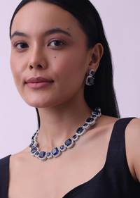 Silver Finish Saphhire Necklace And Earring Set In Mix Metal