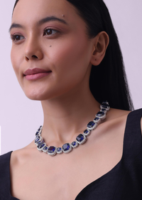 Silver Finish Saphhire Necklace And Earring Set In Mix Metal