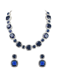 Silver Finish Saphhire Necklace And Earring Set In Mix Metal