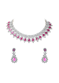 Silver Finish Short Necklace Set With Faux Diamonds And Ruby Stones