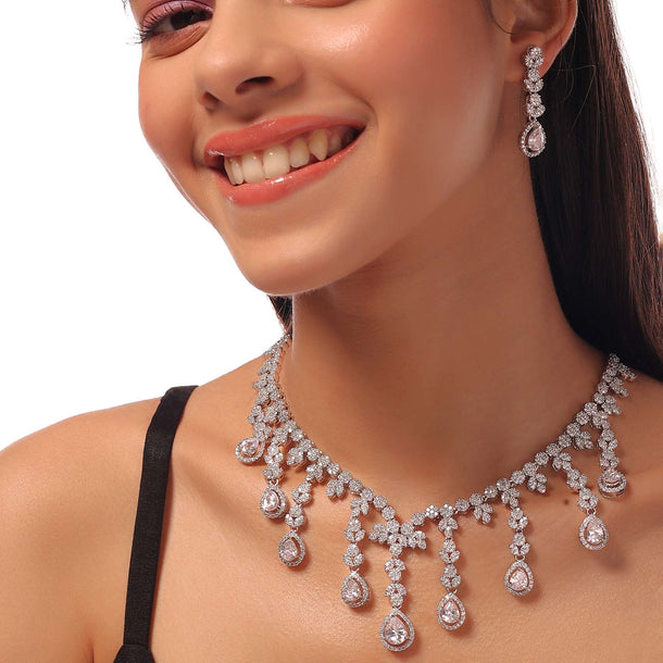 Silver Fringed Necklace With Earrings Set Adorned In White Stones