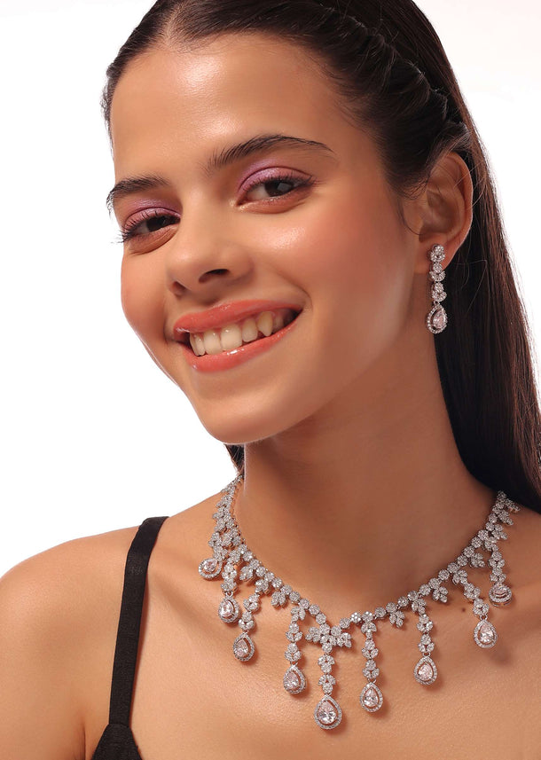 Silver Fringed Necklace With Earrings Set Adorned In White Stones