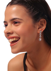 Silver Fringed Necklace With Earrings Set Adorned In White Stones