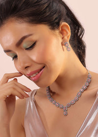 Silver Geometric Necklace With Bubble-Gum Pink And White Zirconia Stones