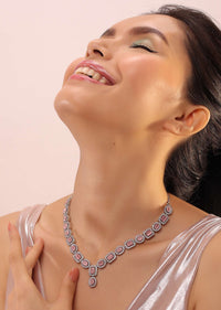 Silver Geometric Necklace With Bubble-Gum Pink And White Zirconia Stones