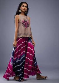 Dusty Pink Embroidered Scallop Top With Rani Pink And Indigo Blue Tie-Dye Flared Palazzo In Silk