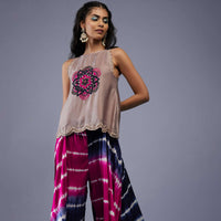 Dusty Pink Embroidered Scallop Top With Rani Pink And Indigo Blue Tie-Dye Flared Palazzo In Silk