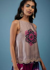 Dusty Pink Embroidered Scallop Top With Rani Pink And Indigo Blue Tie-Dye Flared Palazzo In Silk