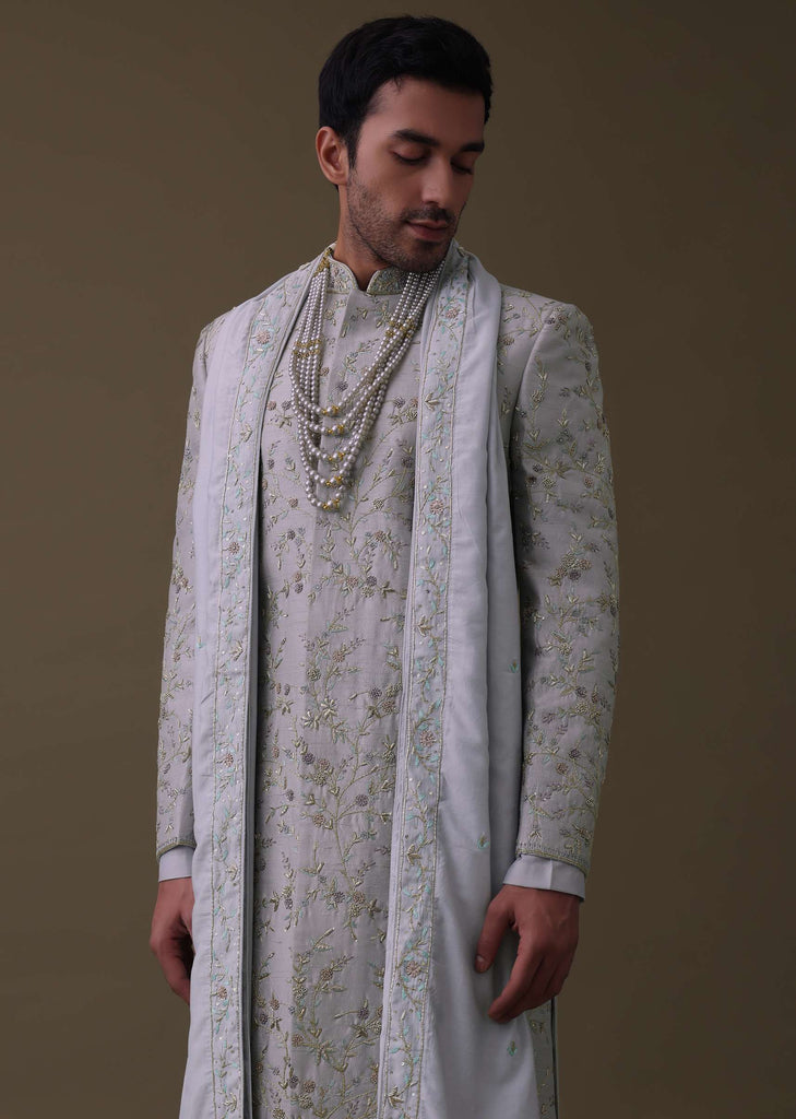 Silver Grey Embroidered Sherwani Set In Raw Silk With Dupatta And Mala