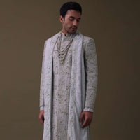 Silver Grey Embroidered Sherwani Set In Raw Silk With Dupatta And Mala