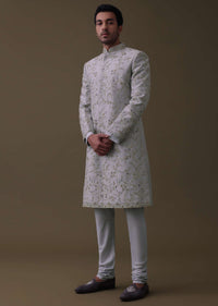 Silver Grey Embroidered Sherwani Set In Raw Silk With Dupatta And Mala