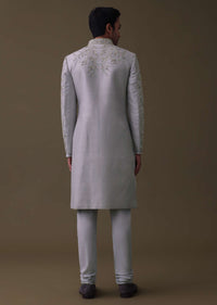 Silver Grey Embroidered Sherwani Set In Raw Silk With Dupatta And Mala