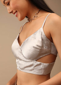 Silver Grey Blouse In Satin With A Wrap Around Design And Side Cut Outs