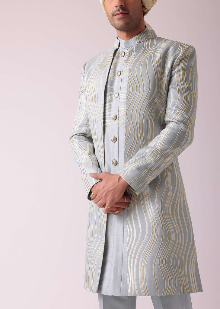 Silver Grey Embroidered Indowestern In Dupion Silk