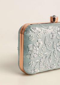 Silver Grey Festive Embroidered Clutch In Raw Silk
