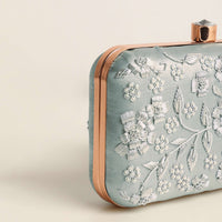 Silver Grey Festive Embroidered Clutch In Raw Silk
