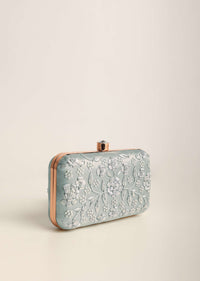 Silver Grey Festive Embroidered Clutch In Raw Silk